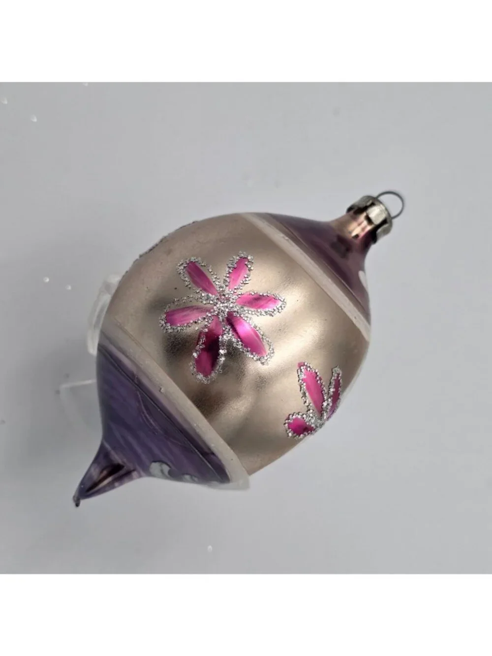 Reflector Glass Ornament Teardrop Indent Purple PInk Flowers Christmas 4